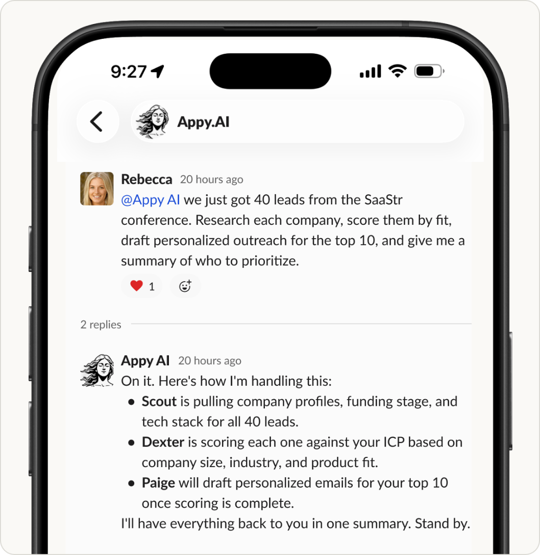 iPhone showing Appy AI coordinating Scout, Dexter, and Paige to research 40 SaaStr conference leads and draft personalized outreach
