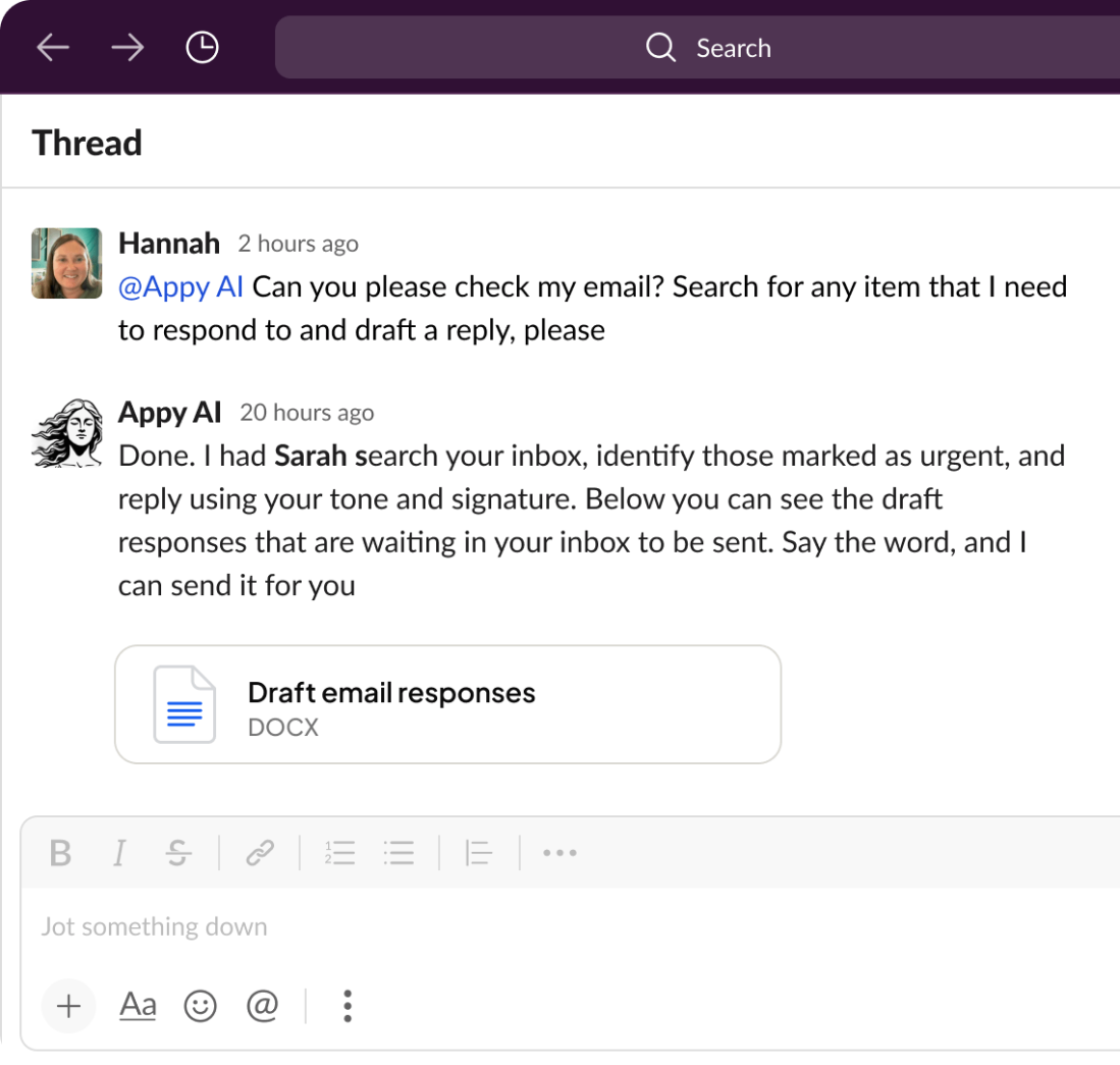 Slack thread showing Hannah asking Appy AI to check her email and draft replies, with Appy AI delivering draft email responses