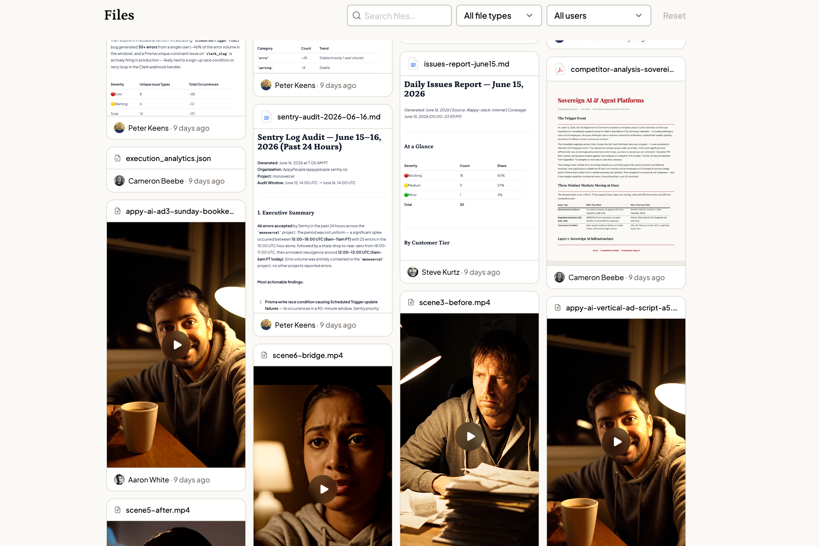 File library gallery view showing every agent output including documents, videos, images, and more