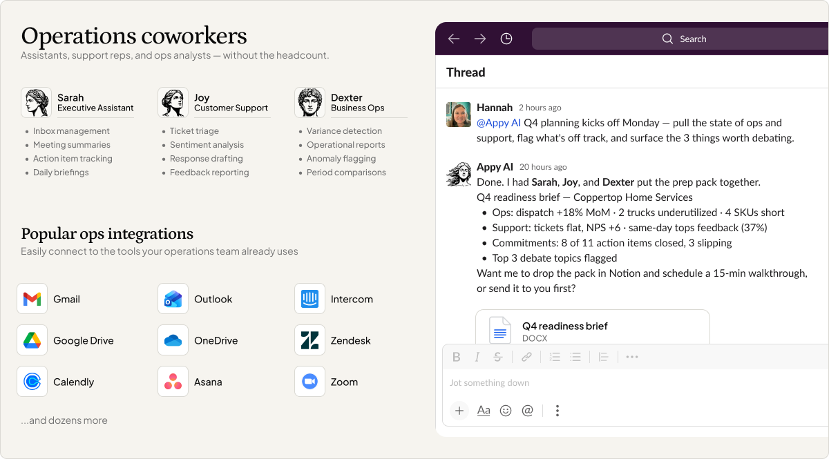 Operations coworkers dashboard showing Sarah, Joy, and Dexter alongside a Slack thread where Appy AI coordinates a Q4 readiness brief covering ops, support, and action items