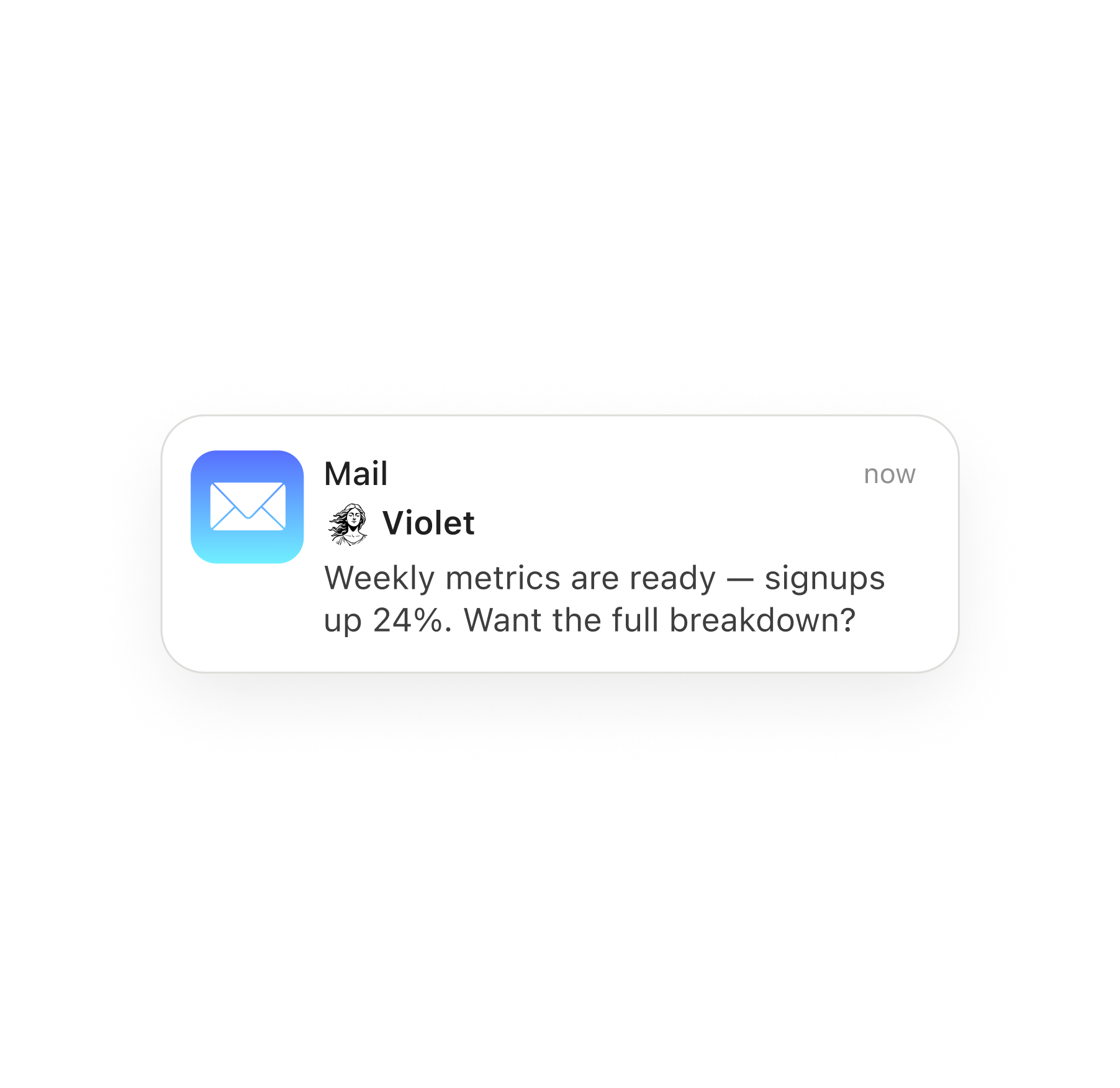 Mail notification from Violet with weekly signup metrics and an offer to send the full breakdown