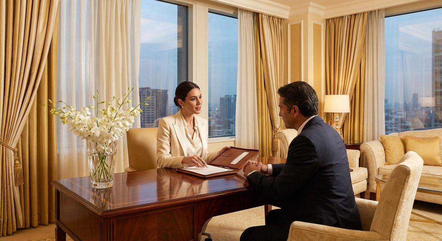 Senior luxury event planner consulting with executive client in refined office setting