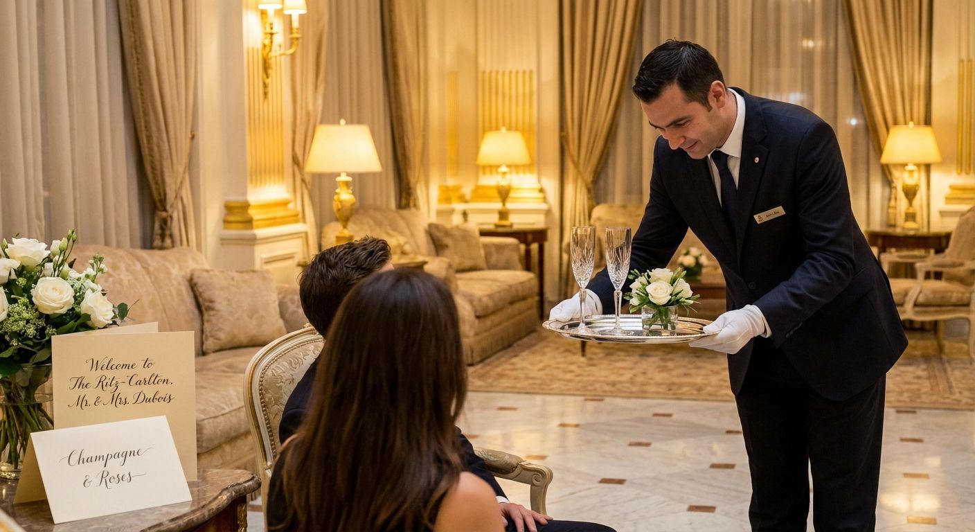 White-glove concierge service in opulent hotel lobby with champagne presentation