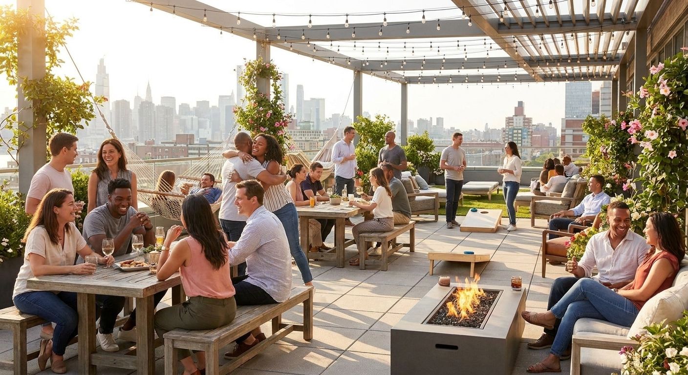 Diverse team laughing and connecting at a bright outdoor company offsite