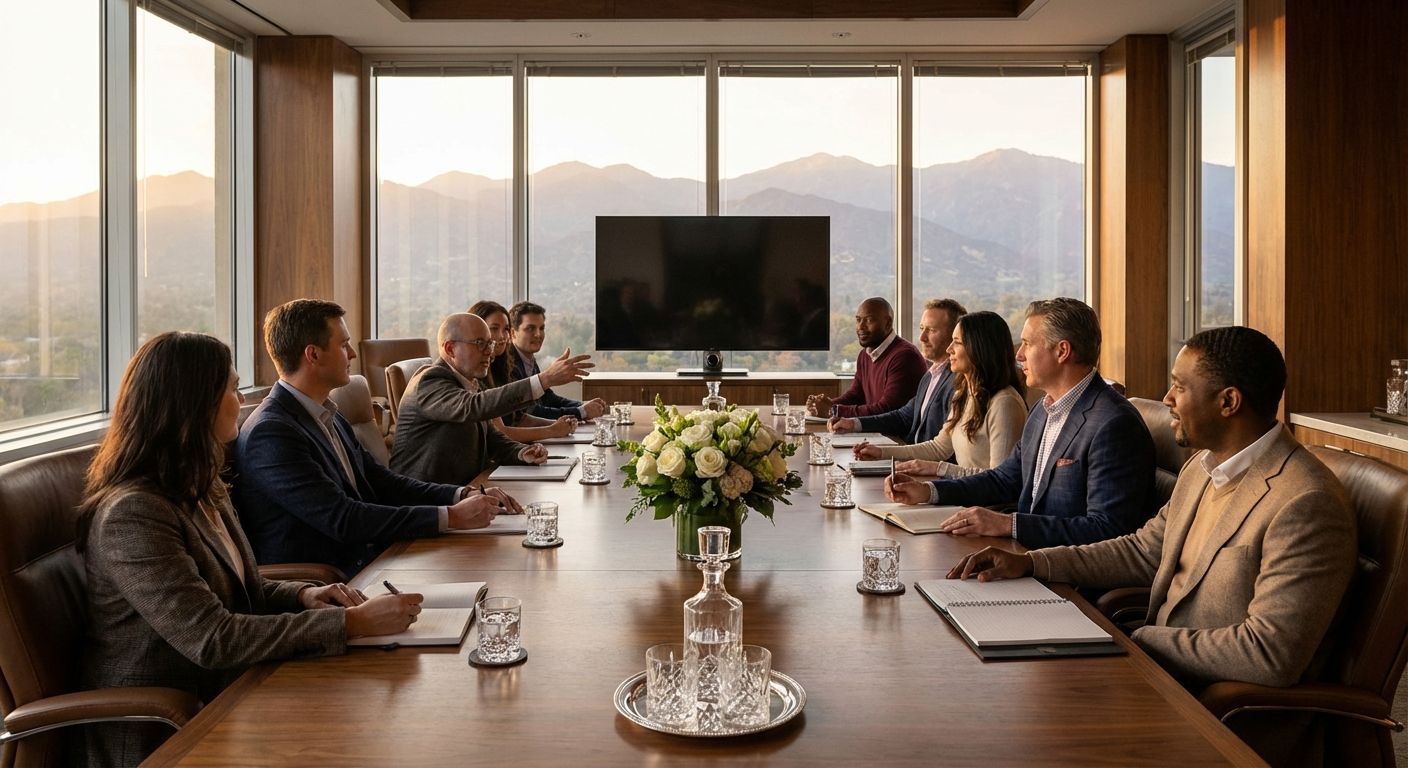 Executive leadership team in boardroom with panoramic mountain views during luxury retreat