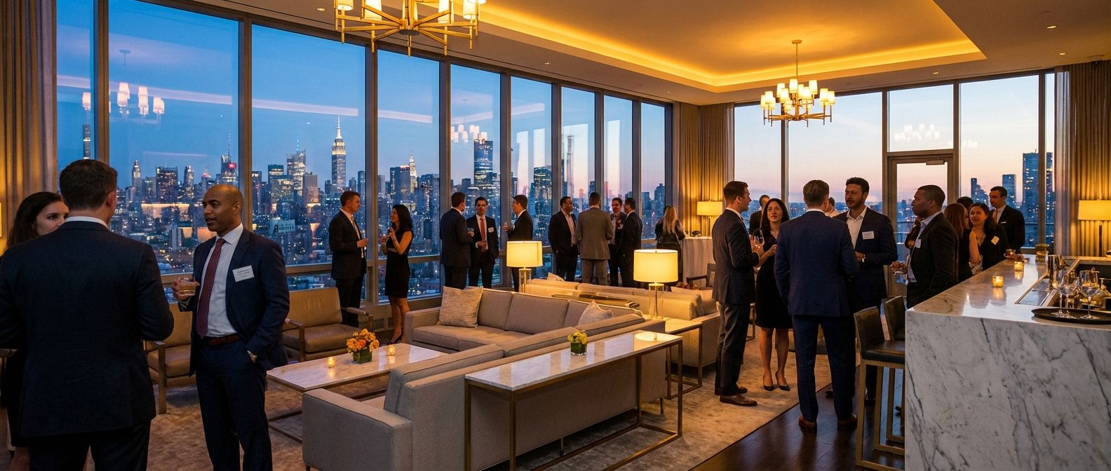 Sophisticated corporate networking event at twilight in modern high-rise venue with city skyline views
