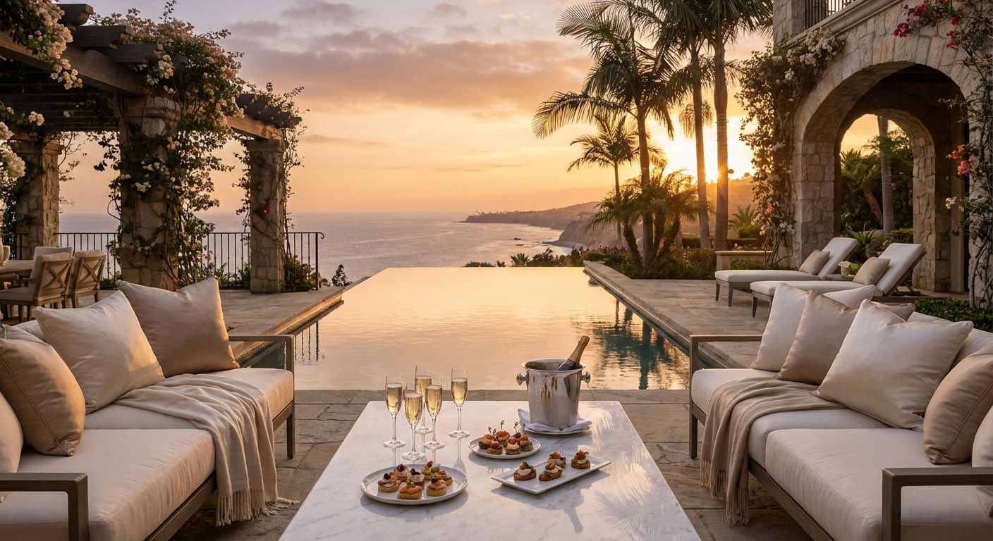 Mediterranean-inspired luxury private estate with infinity pool overlooking sunset coastline