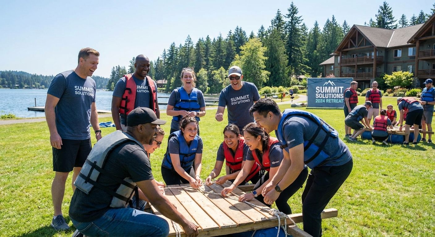 Team at company offsite event in modern venue