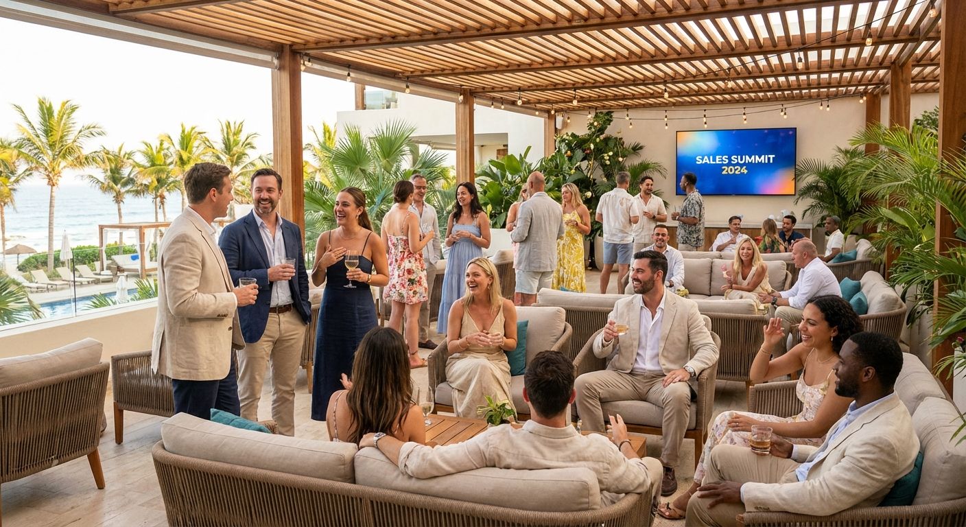 Sales team at annual company kickoff event celebrating revenue goals