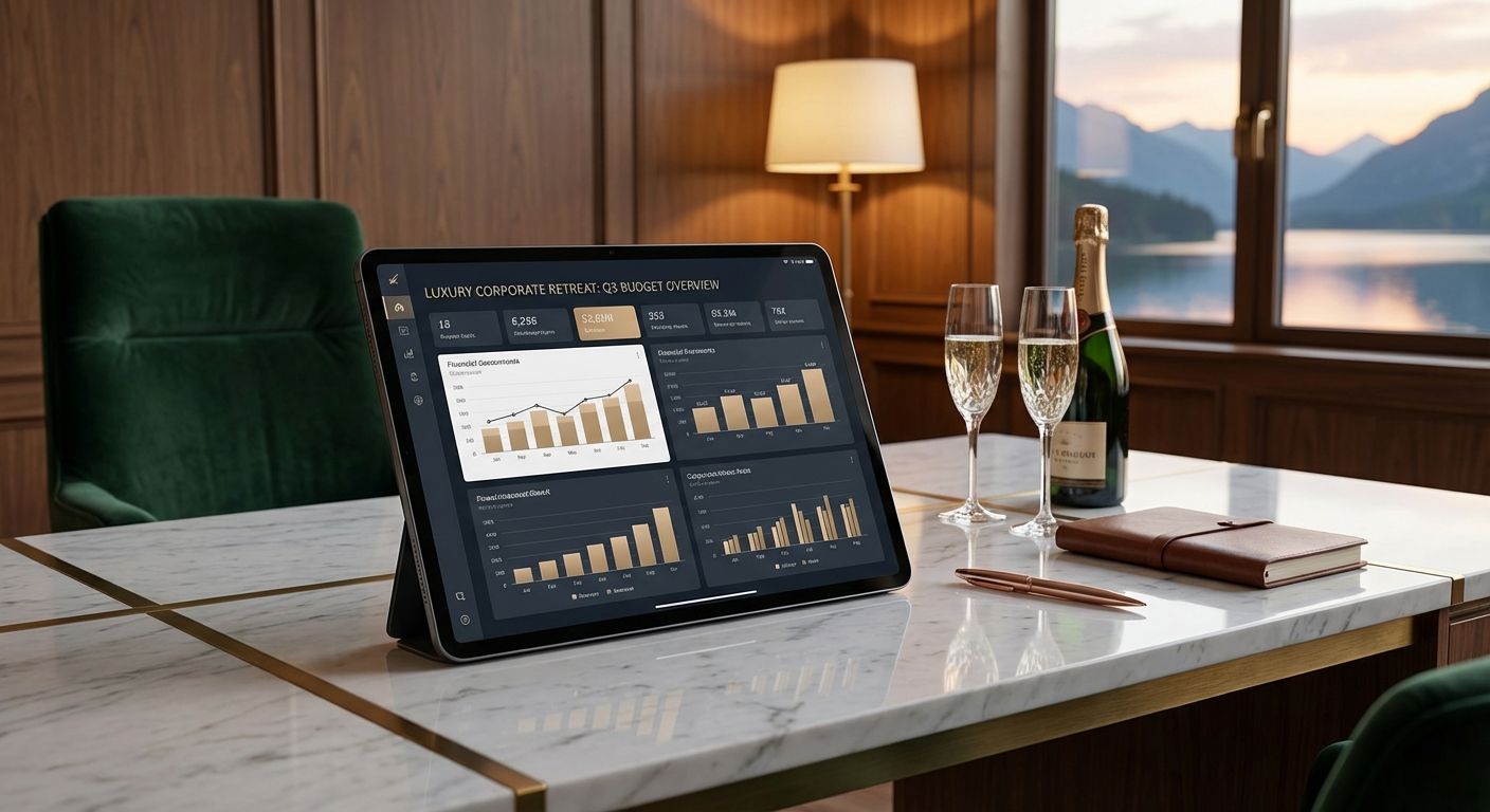 Executive retreat budget dashboard on tablet with champagne in luxurious office