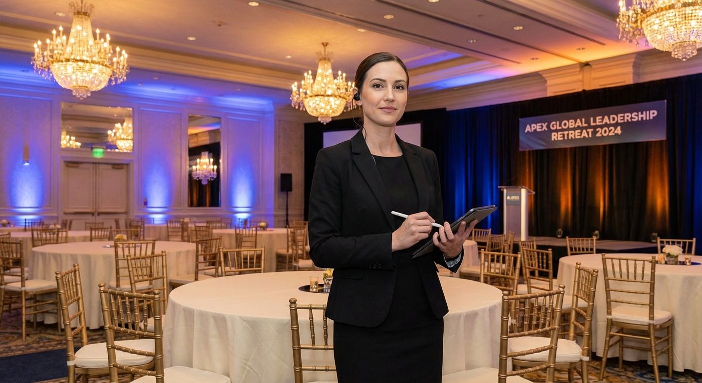 Professional event director coordinating luxury corporate retreat with elegant ballroom setup