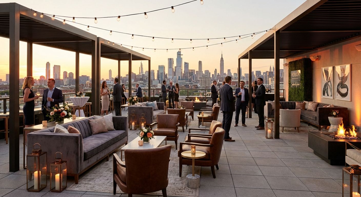Chic rooftop corporate event at sunset with city skyline, contemporary furniture, and warm string lights