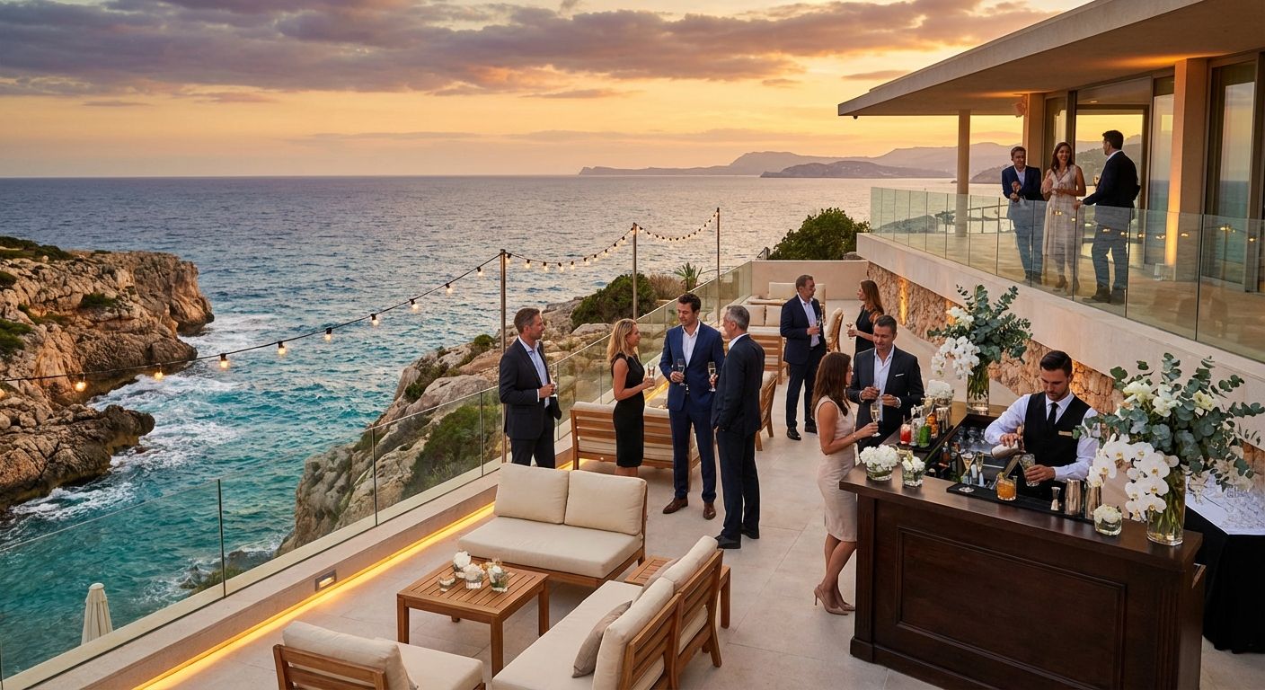 Exclusive corporate reception at dramatic clifftop venue overlooking Mediterranean coastline at golden hour with elegantly dressed executives on open-air terrace