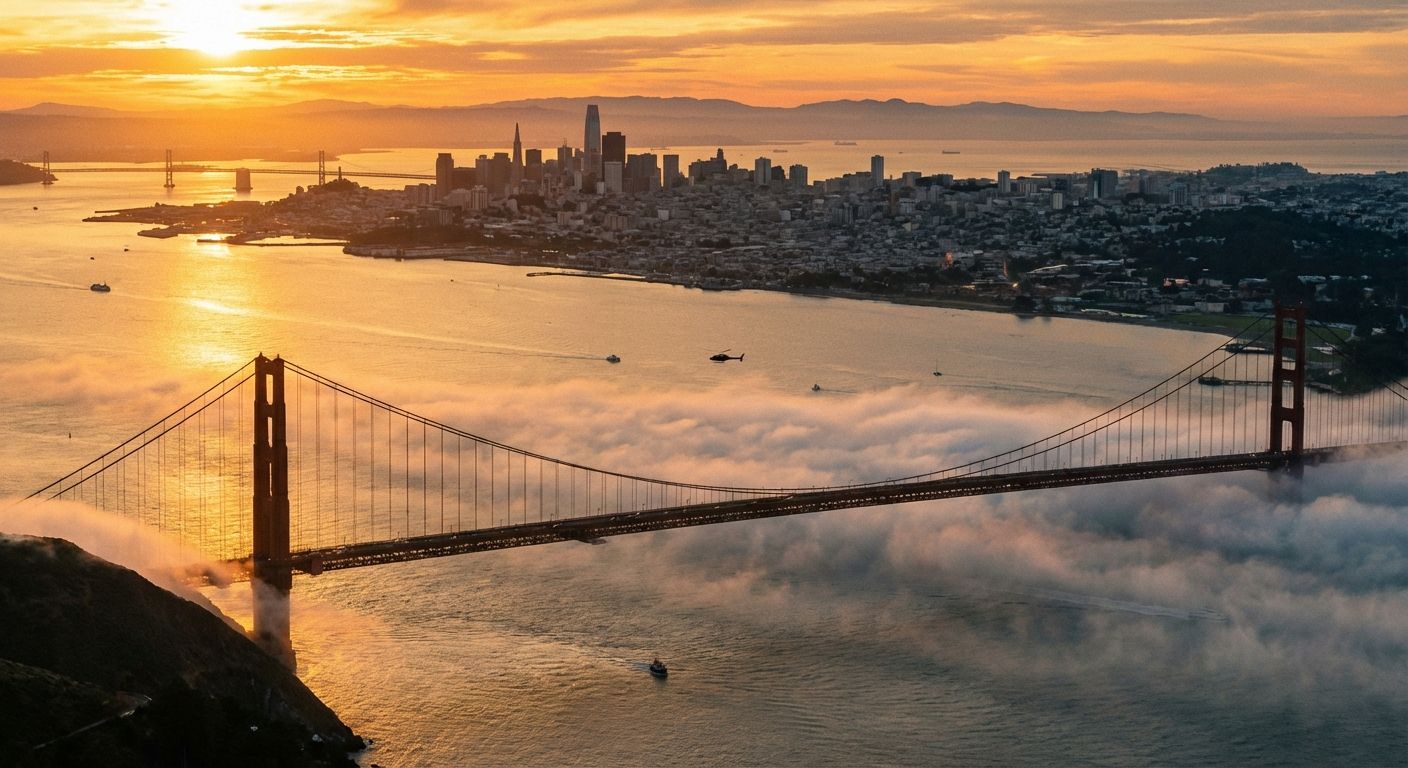 San Francisco skyline with Golden Gate Bridge and bay