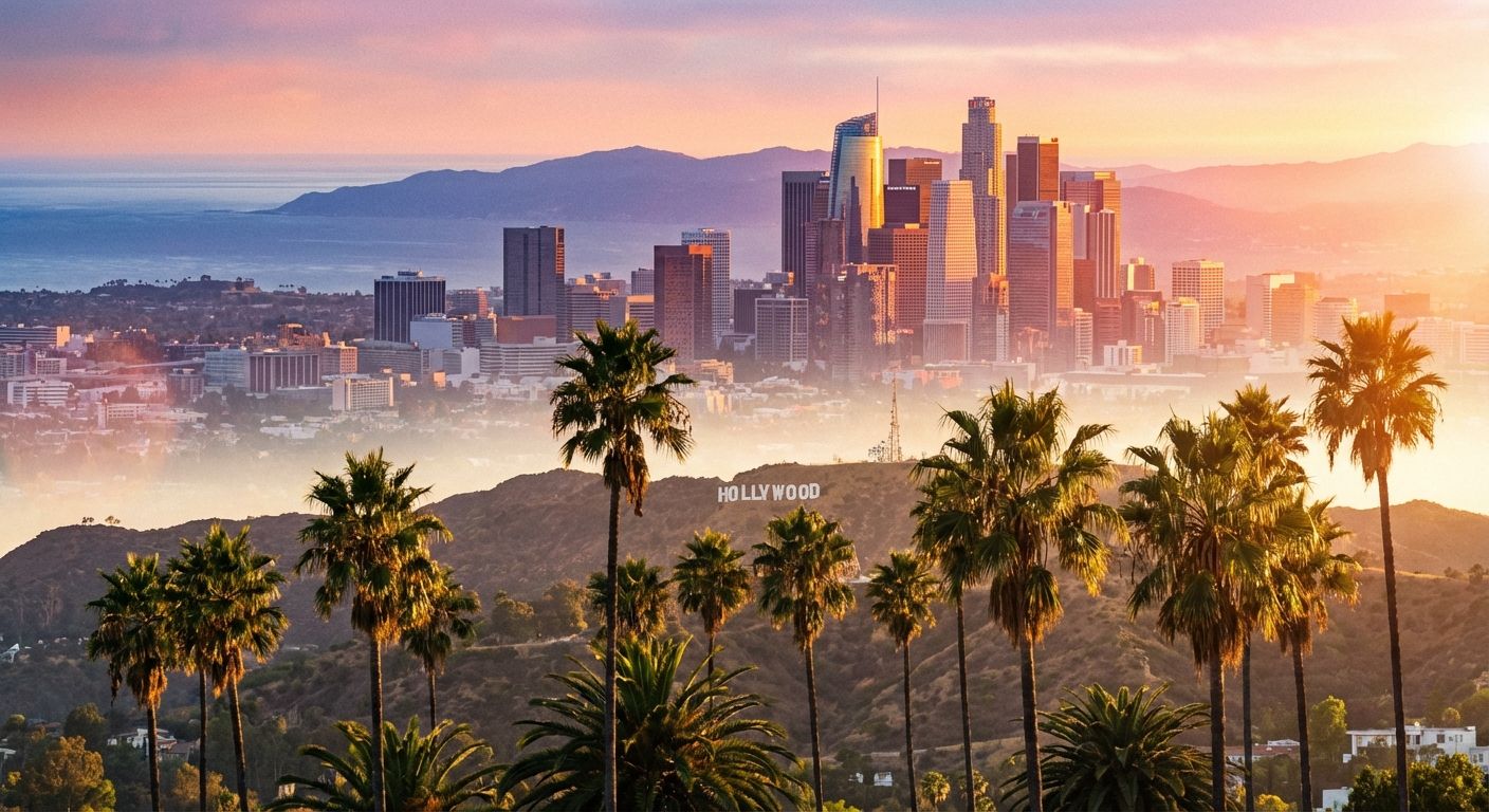 Los Angeles skyline with palm trees at sunset