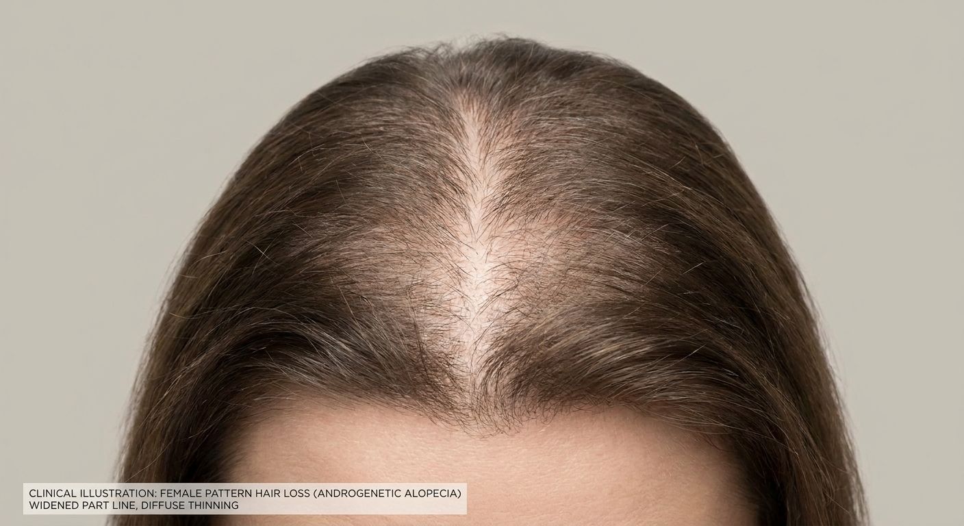 Close-up of a woman's scalp showing female pattern hair loss with a widened part and diffuse thinning at the crown