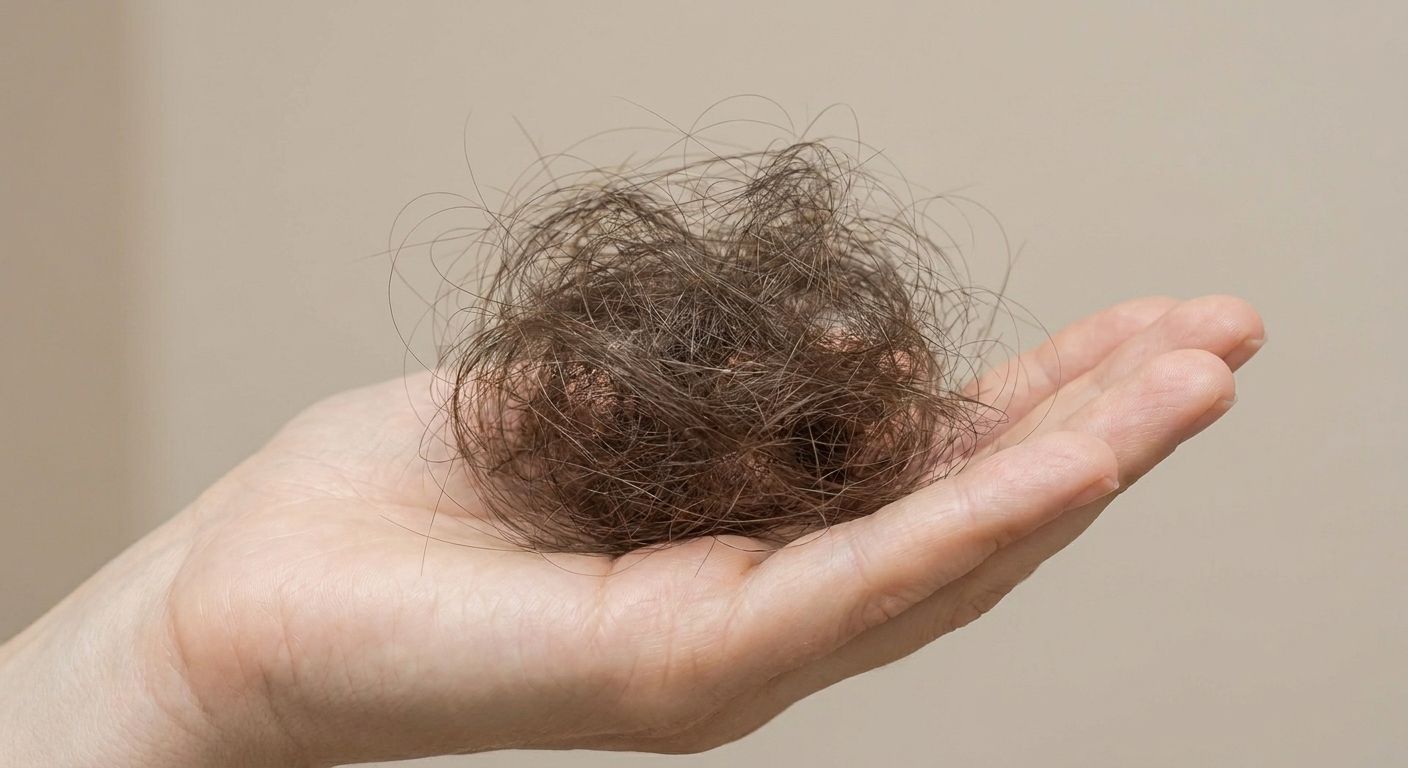 A ball of shed hair resting in the palm of a hand, illustrating the diffuse hair shedding associated with GLP-1 medication use