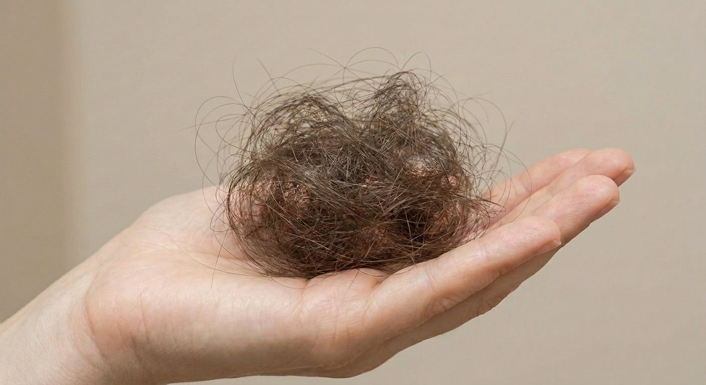 A large ball of shed hair resting in a woman's palm, illustrating the volume of hair shedding in telogen effluvium