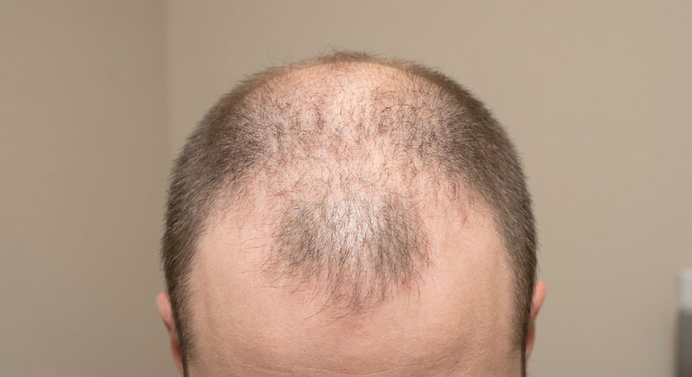 Close-up of a man's scalp showing male pattern hair loss with a receding M-shaped hairline and thinning at the crown