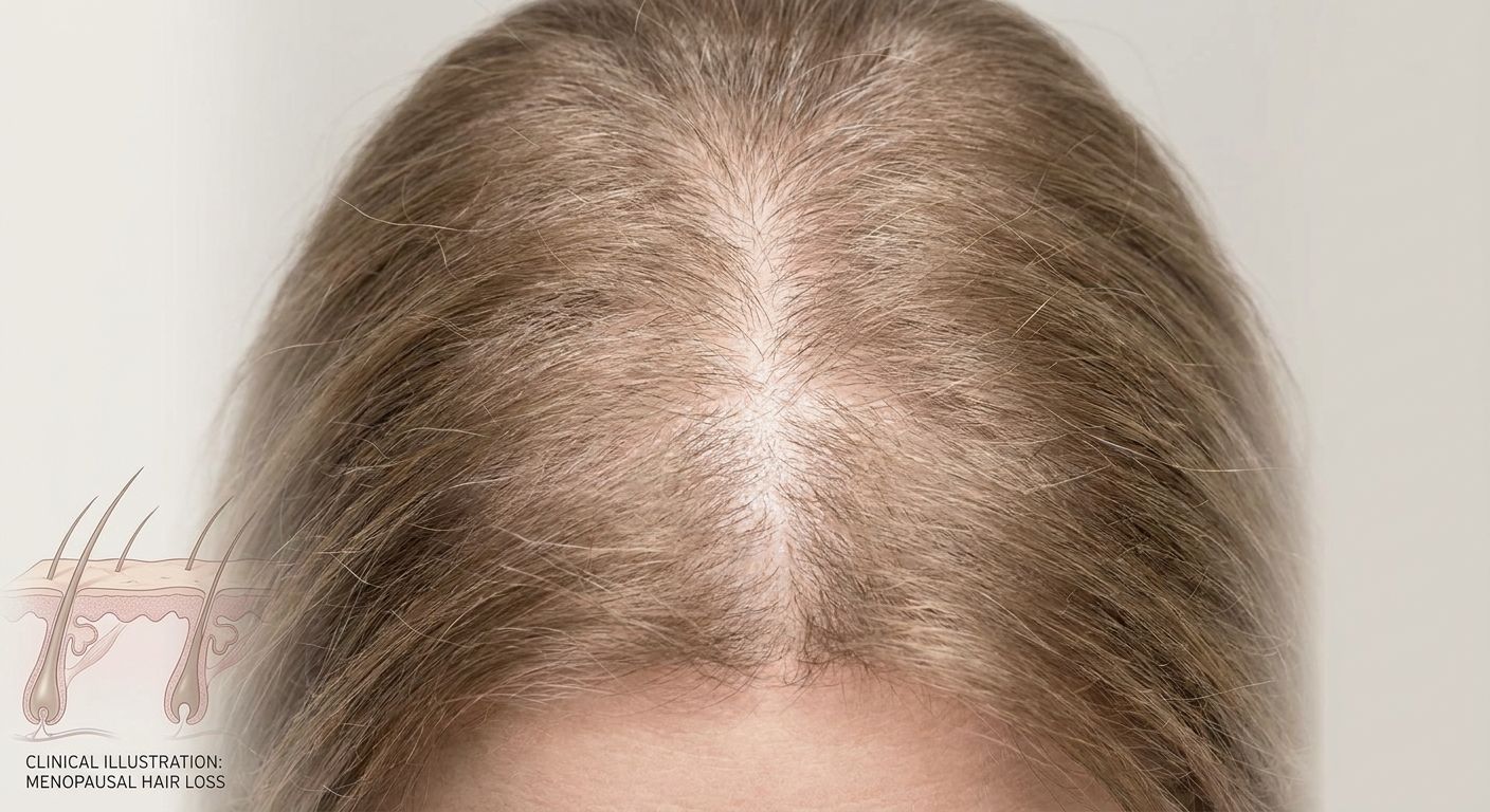 Close-up of a middle-aged woman's scalp showing menopausal hair thinning with a widened part and reduced overall density