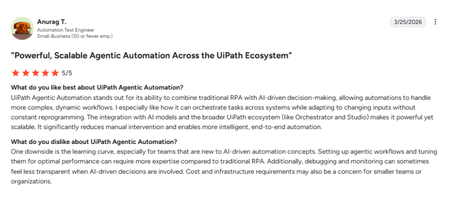 G2 review by Anurag T. - Powerful, Scalable Agentic Automation Across the UiPath Ecosystem