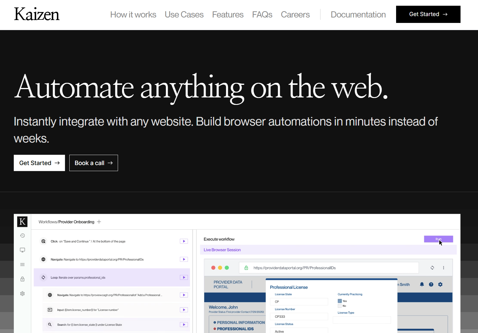 Kaizen homepage - Automate anything on the web