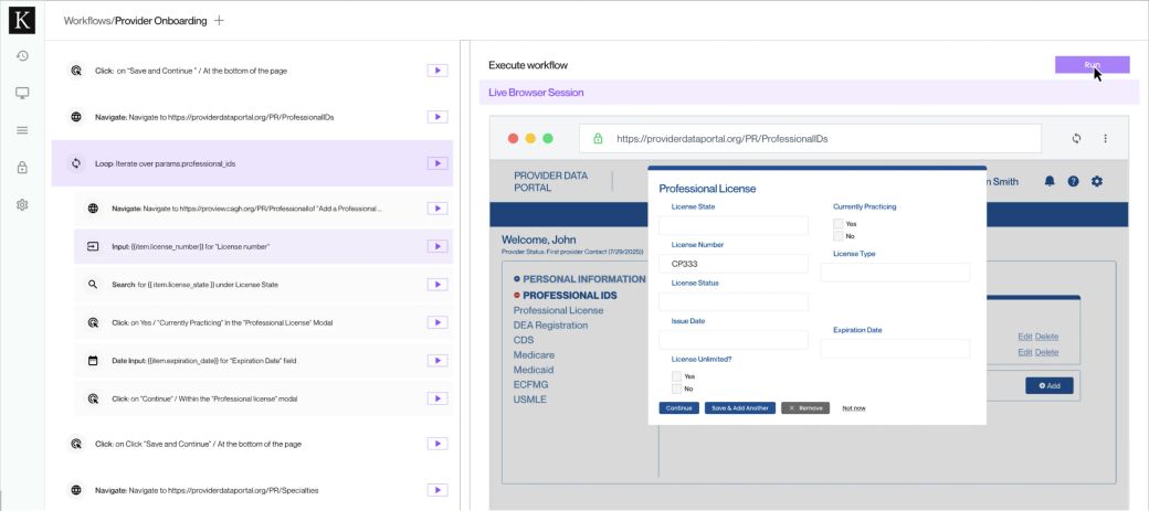 A user interface for Kaizen's browser automation, showing a workflow for professional license verification with steps listed on the left and a detailed view of professional IDs on the right.