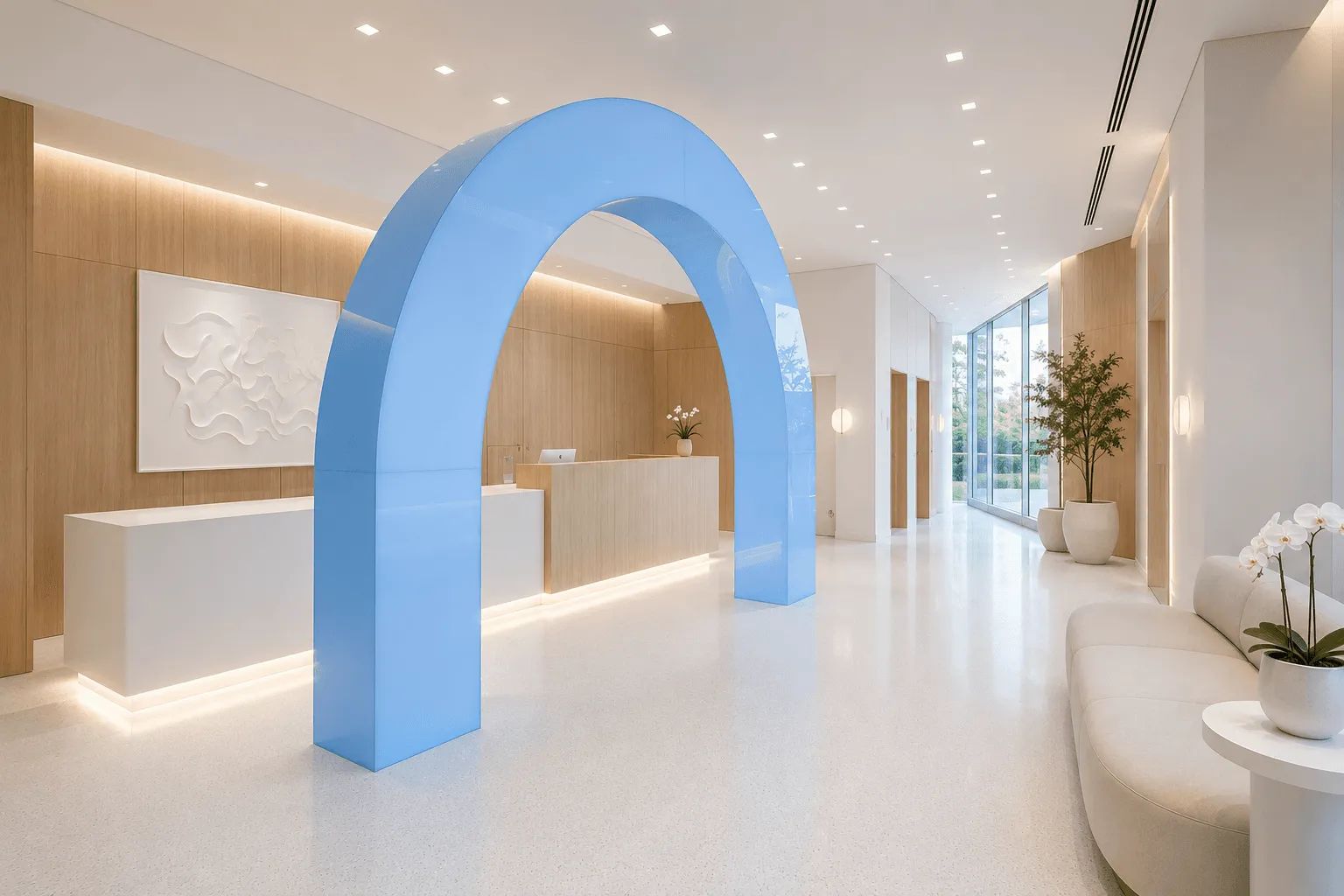 Modern lobby with an illuminated blue archway at the Sarasota center