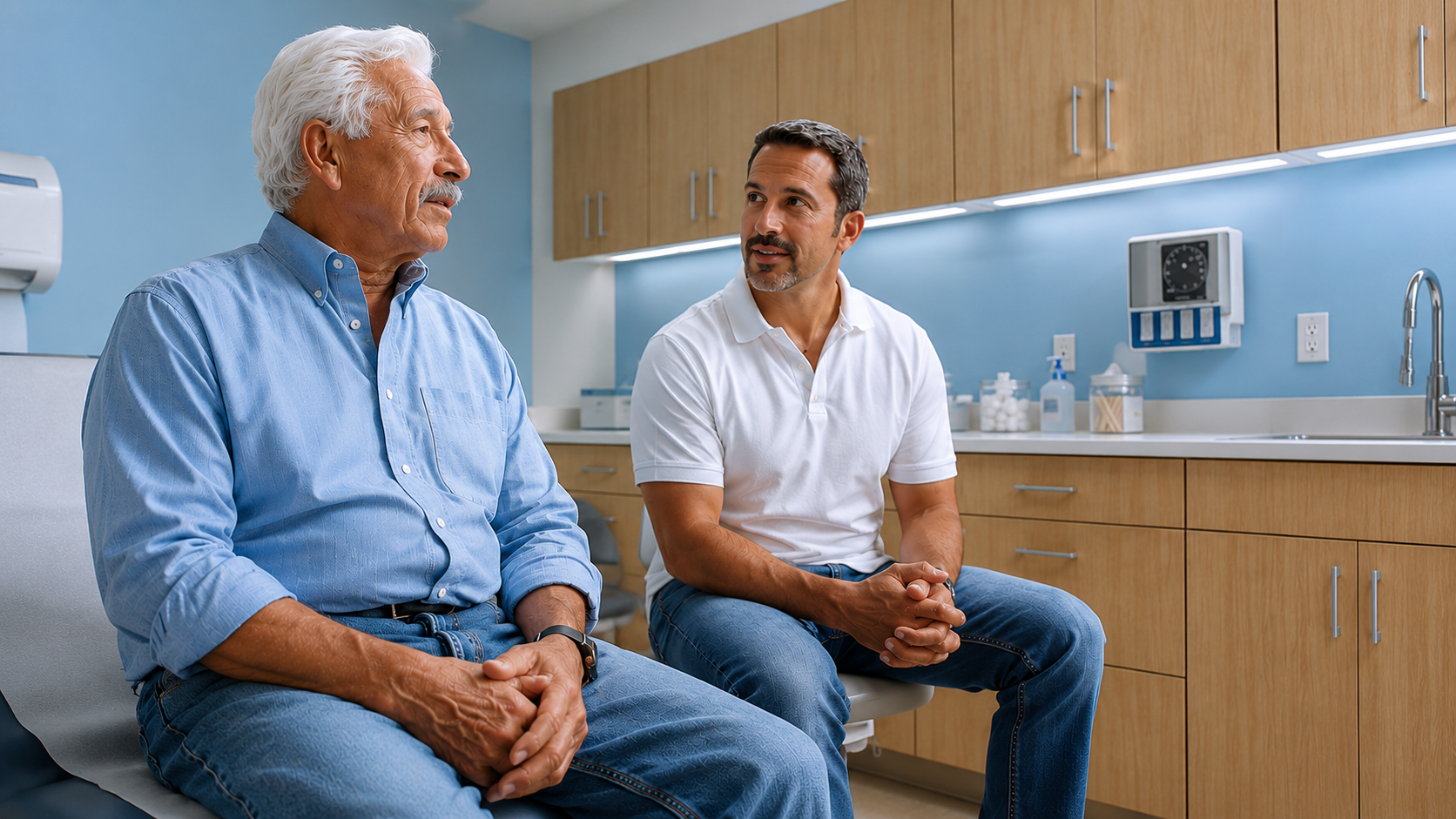 Father and son talking in a medical examination room