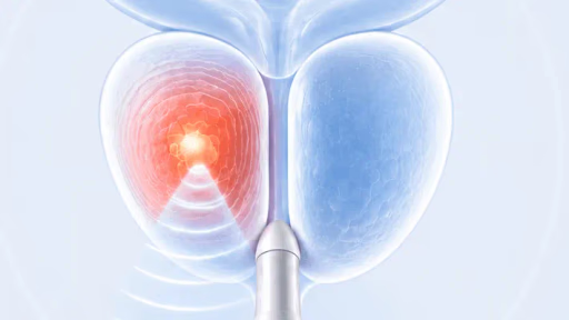 Medical illustration of focused ultrasound targeting prostate tissue