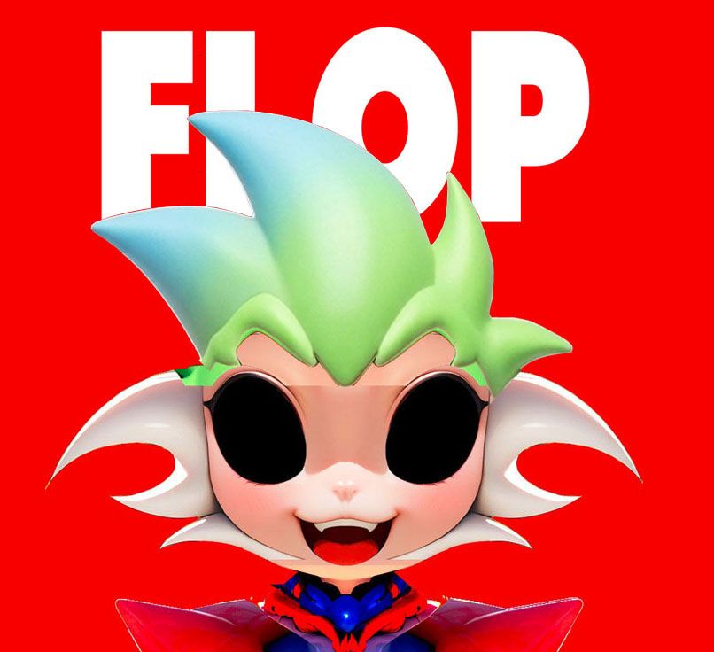 FLOP character with green hair on a red background