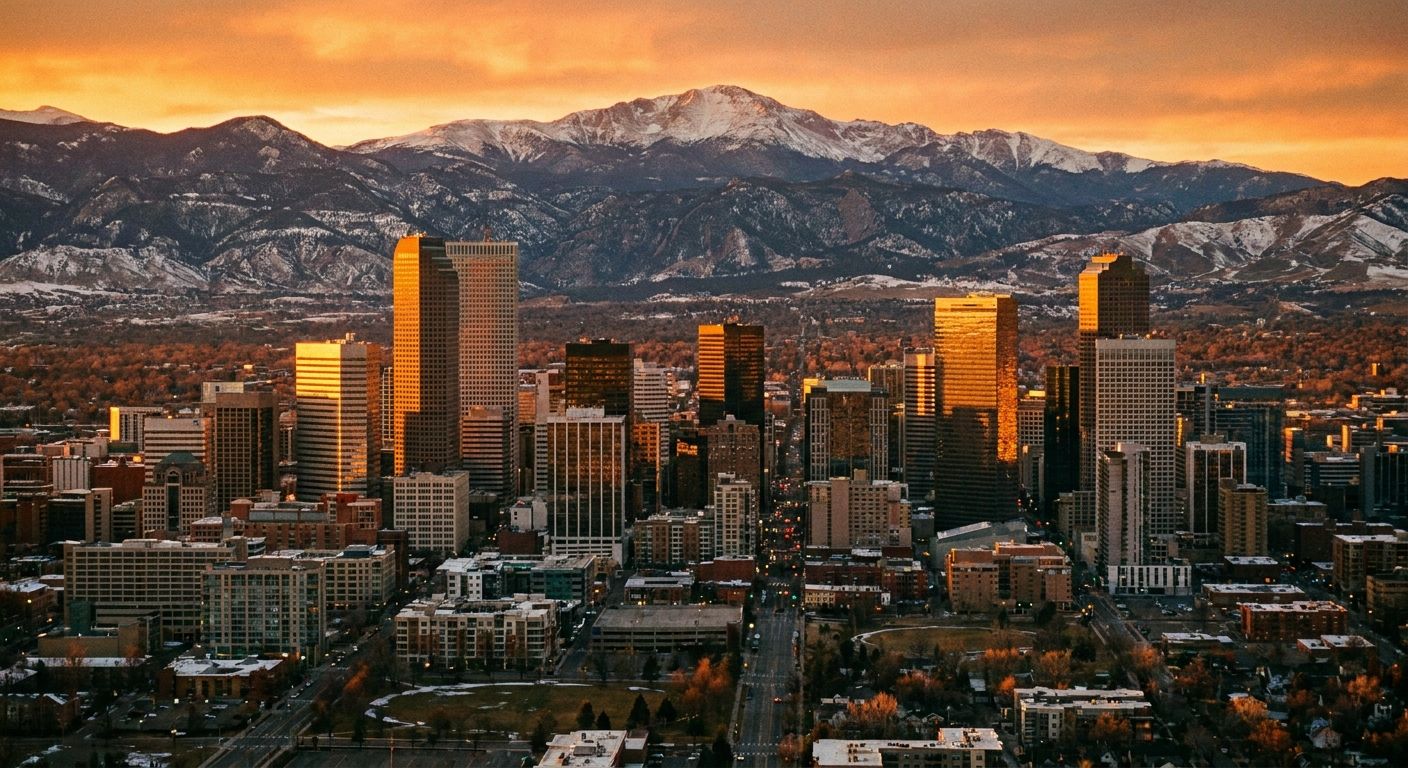 Denver skyline at golden hour with snow-capped Rocky Mountains rising behind downtown