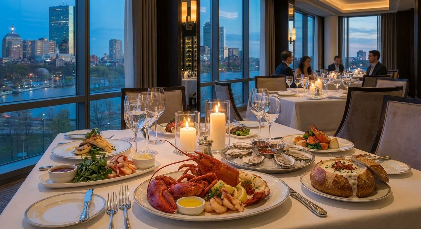 Elegant Texas farm-to-table dinner spread at an upscale Austin restaurant with warm candlelight