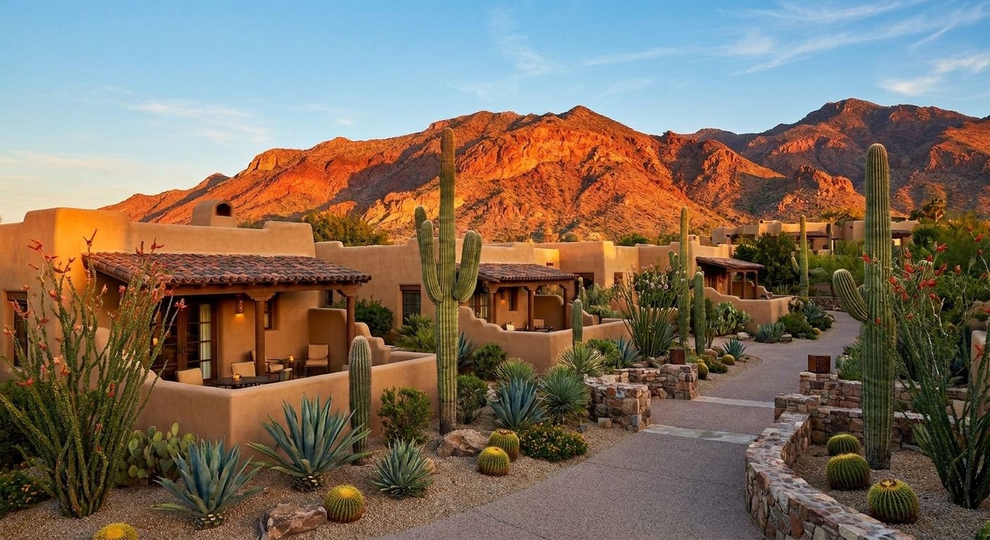 JW Marriott Camelback Inn historic casita resort with adobe bungalows, desert gardens and Camelback Mountain backdrop