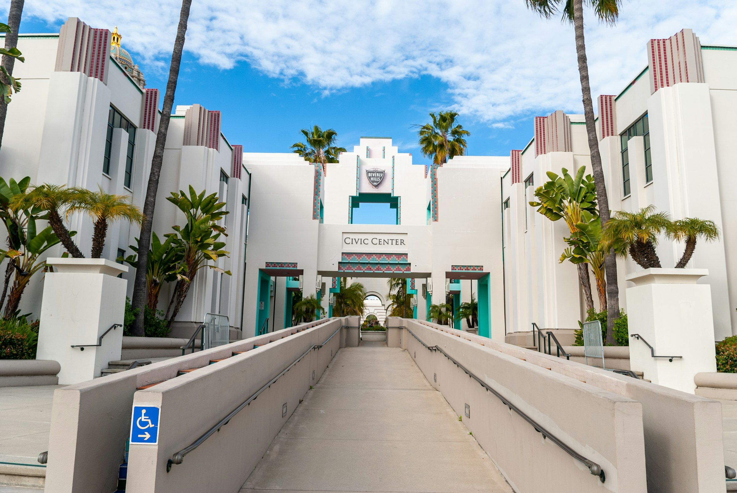 Los Angeles art deco building with palm trees