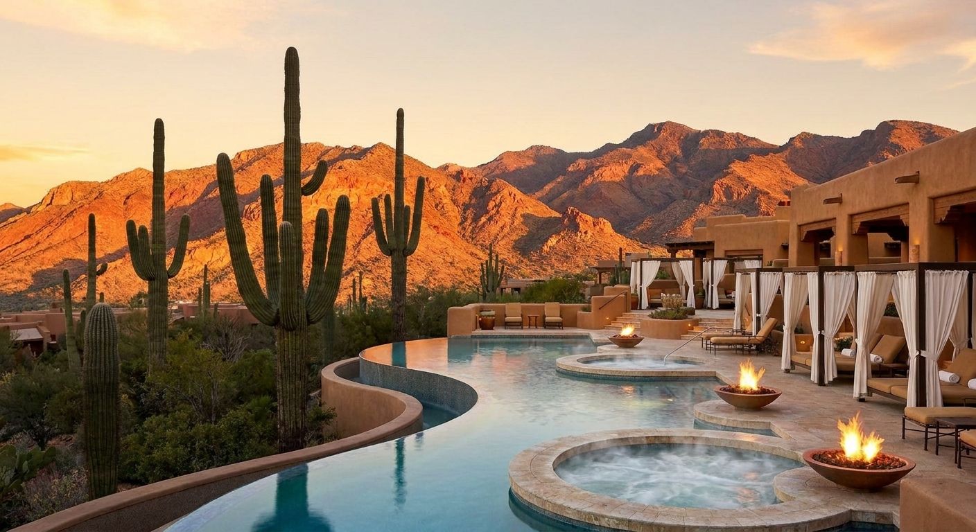 Luxury resort spa outdoor relaxation area with infinity pool and desert mountain views in Scottsdale