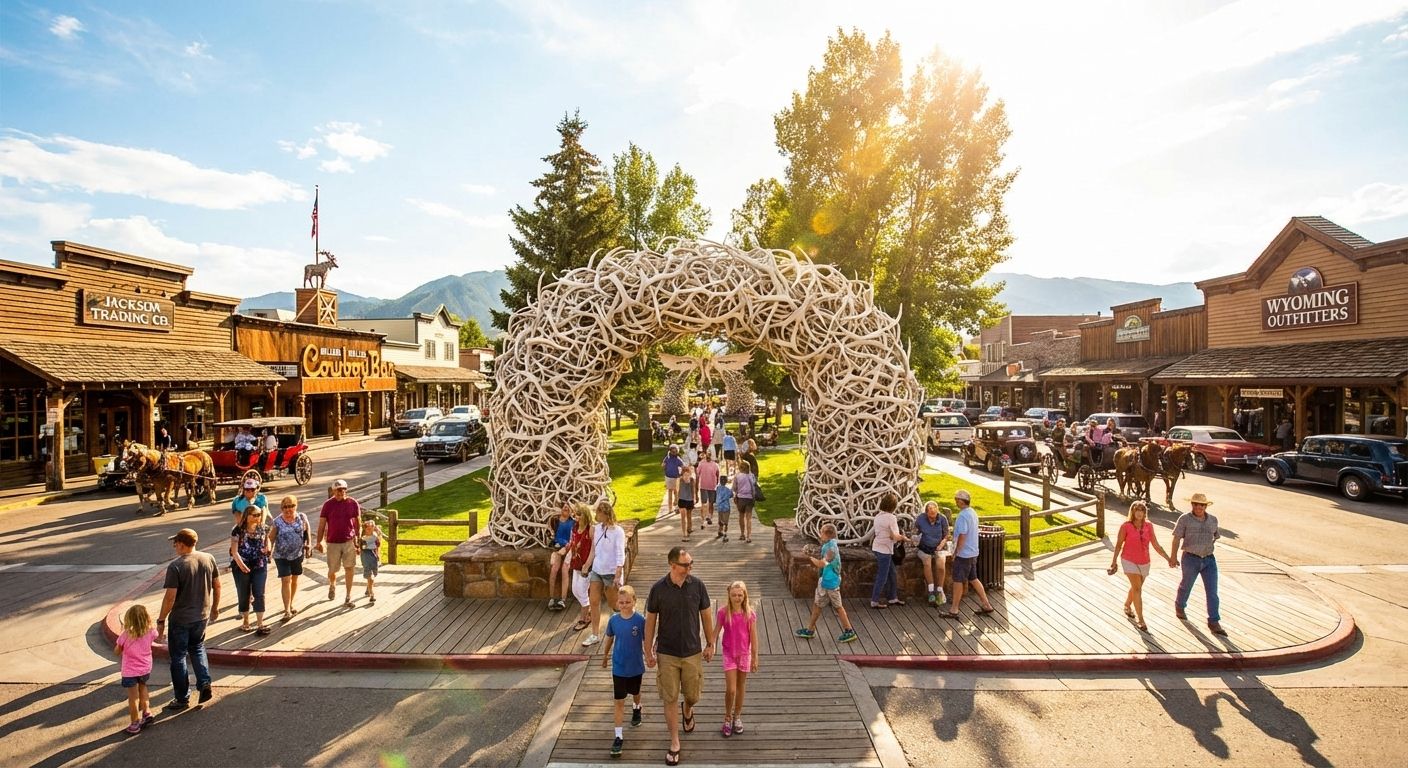 Jackson Town Square with iconic elk antler arches and western storefronts