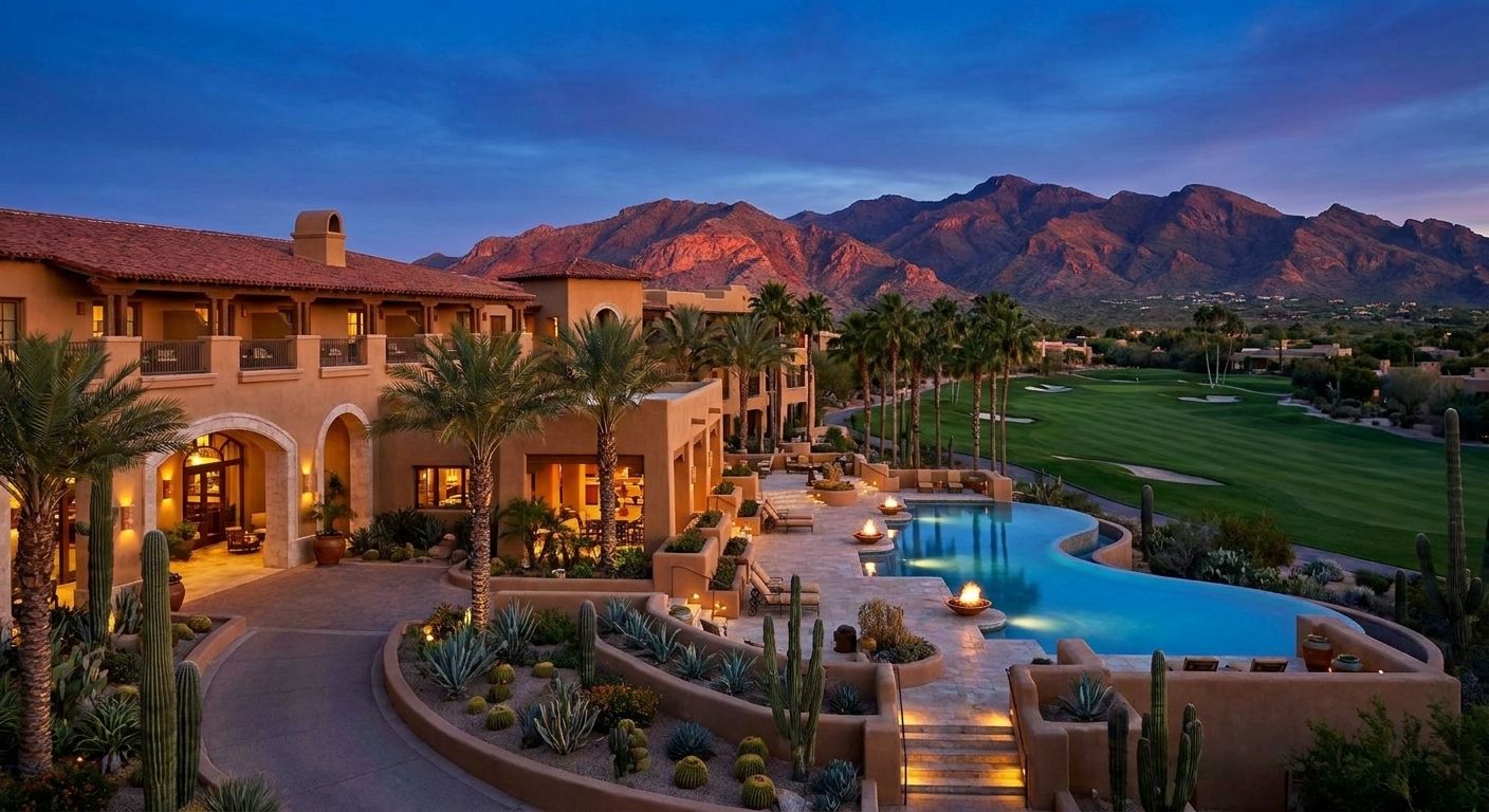 Fairmont Scottsdale Princess resort exterior with Spanish Colonial architecture, palm tree entrance and desert gardens