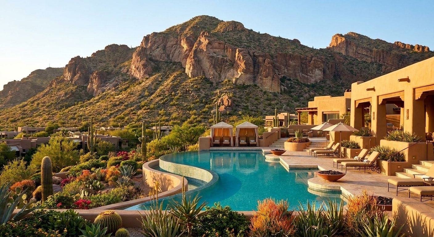 The Phoenician resort grand pool with Camelback Mountain rising dramatically behind, lush desert gardens
