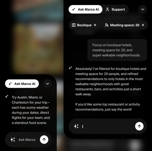 Marco AI chat interface for Boston hotel booking