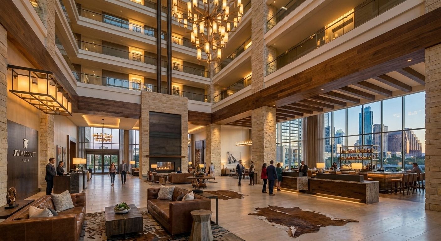JW Marriott Austin grand lobby with soaring ceilings and modern Texas decor