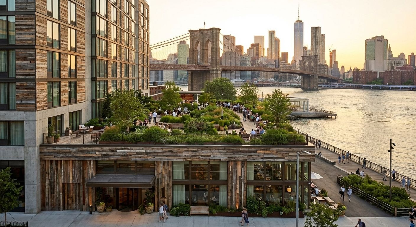 1 Hotel Brooklyn Bridge luxury boutique hotel exterior with Manhattan skyline views