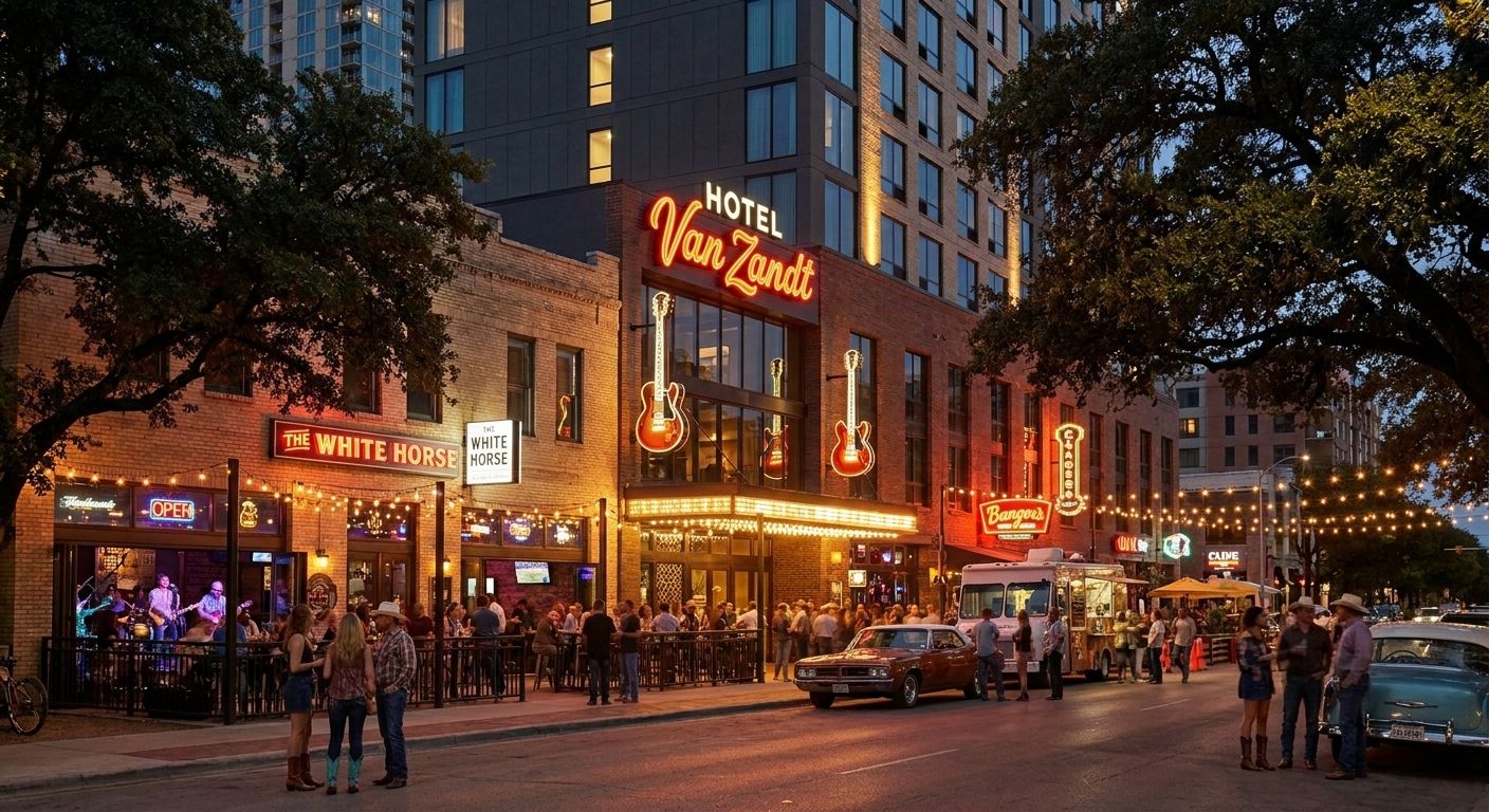 Hotel Van Zandt Austin on Rainey Street at night with vibrant bar district atmosphere