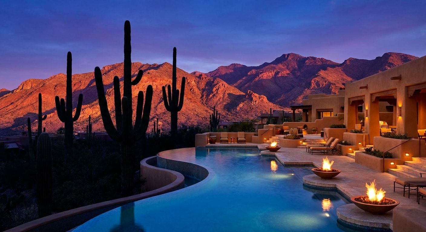 Luxury Scottsdale resort pool with saguaro cactus and the McDowell Mountains