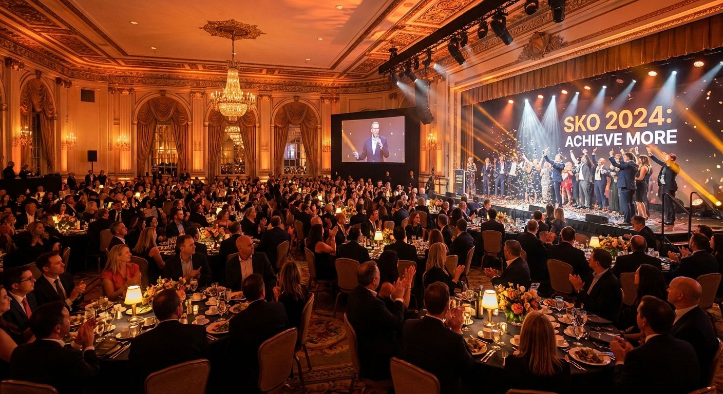 Large corporate event in an Austin hotel ballroom with stage and production setup