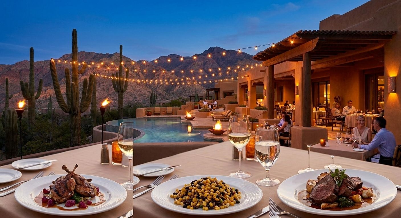 Upscale Scottsdale outdoor desert restaurant patio with string lights and mountain backdrop at twilight
