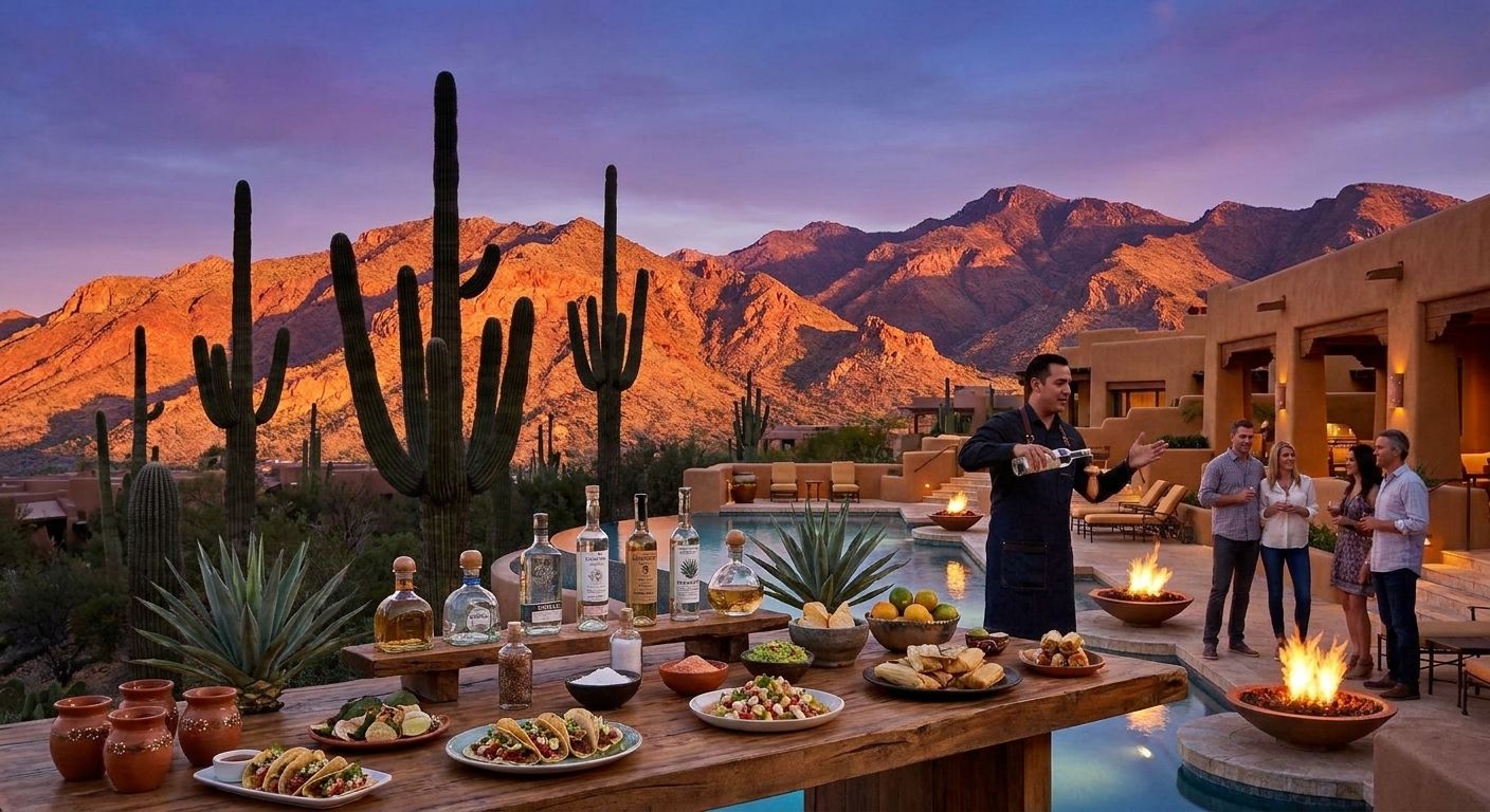 Private tequila and mezcal tasting with agave plants and artisanal bottles in a Scottsdale courtyard