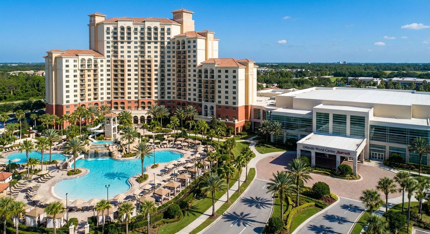 Orlando World Center Marriott resort with pool complex and palm trees