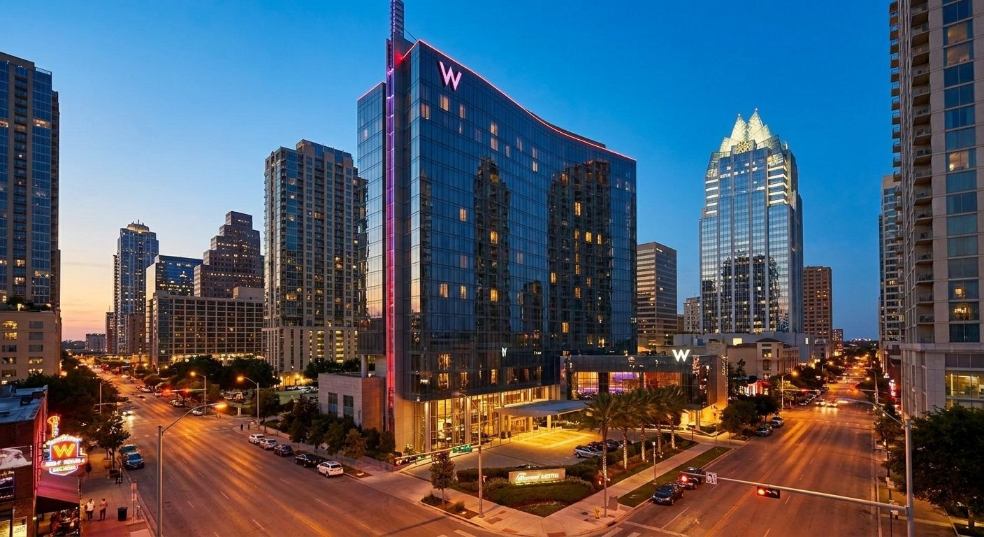 W Austin hotel modern exterior on 2nd Street in downtown Austin entertainment district at evening