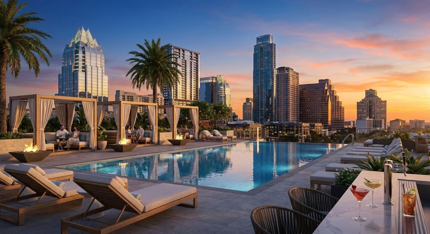 Thompson Austin rooftop pool with panoramic downtown skyline views at golden hour sunset